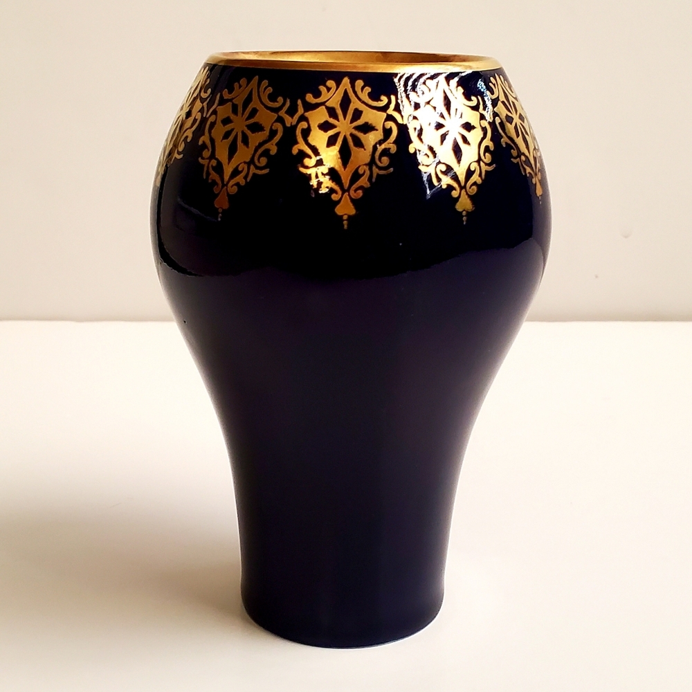 VTG MCM German Porcelain Vase Vessel Cobalt & Gold Unterweissbach Echt Kobalt 5"